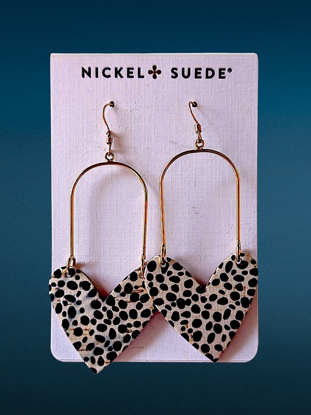 NEW Nickel & Suede Black and White Dalmatian Heart Drop Earrings